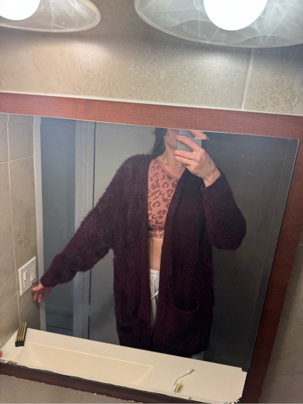 Chelsea & Theodore Plush Open-Front Cardigan - Burgundy